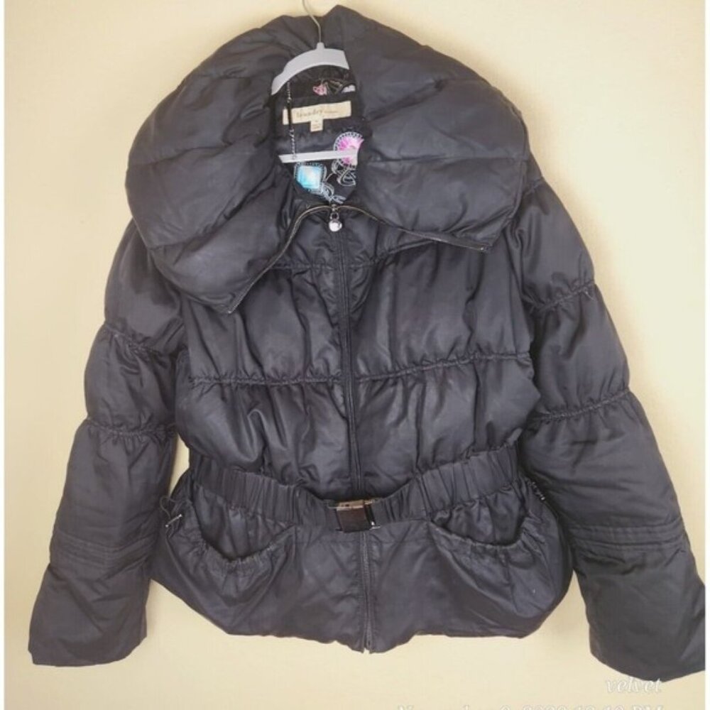 LAUNDRY BY DESIGN PUFFER BELTED COAT JACKET SZ XL DOWN FEATHERS Puffy Black